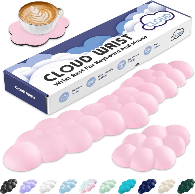 Sushret Cloud Wrist Rest for Keyboard and Mouse, Memory Foam PU Leather Keyboard Wrist Rest with Ergonomic Support, Non-Slip Base, Cute Arm Rest Pad & Palm Cushion, Office Desk Accessory, Pink - Image 1